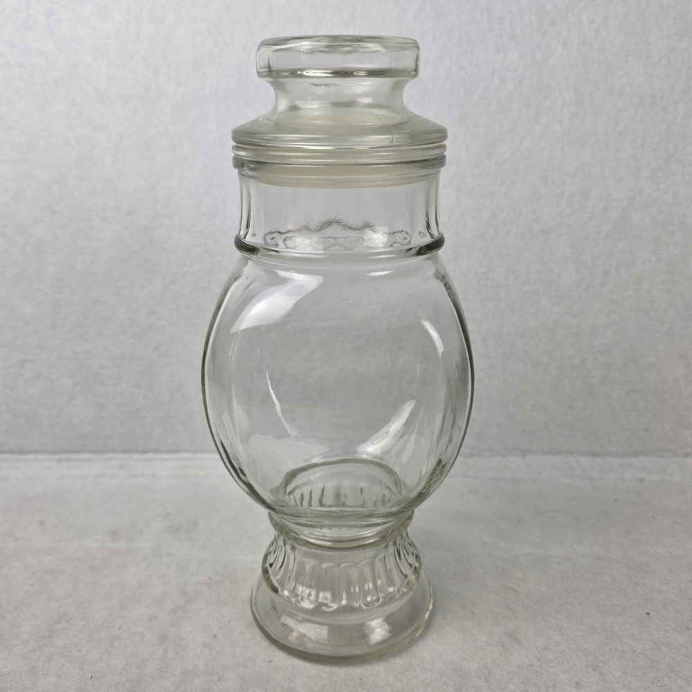 Vintage Clear Glass Apothecary Jar with Fluted Pedestal Base and Lid 8.5 Inch